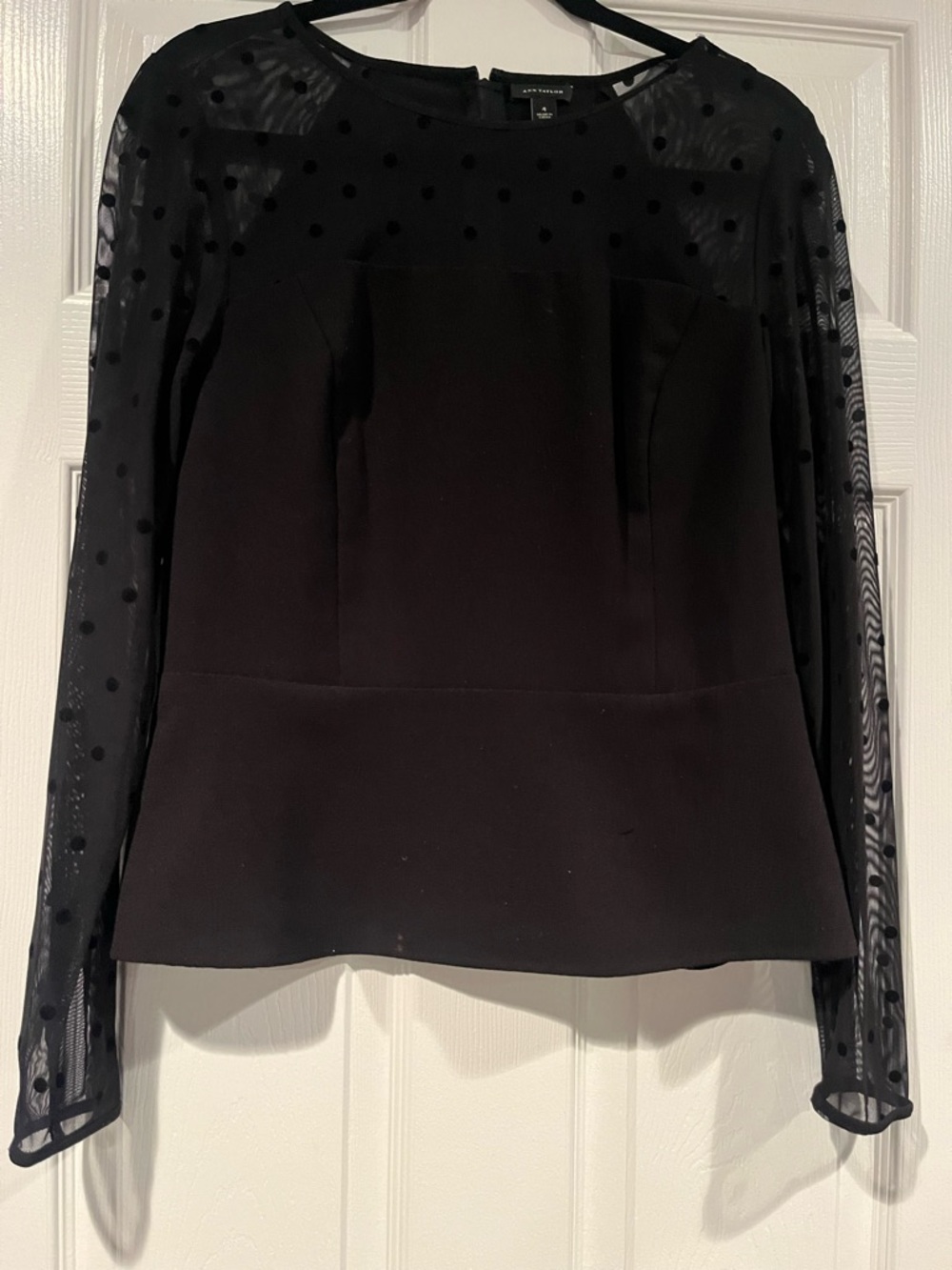 Ann Taylor Black Polka-Dot Mesh Sleeve Peplum Blouse and Skirt